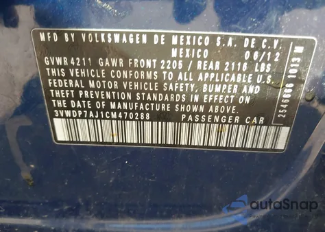 2012 Volkswagen Jetta 2.5L Se из США, поврежденный, VIN 3VWDP7AJ1CM470288